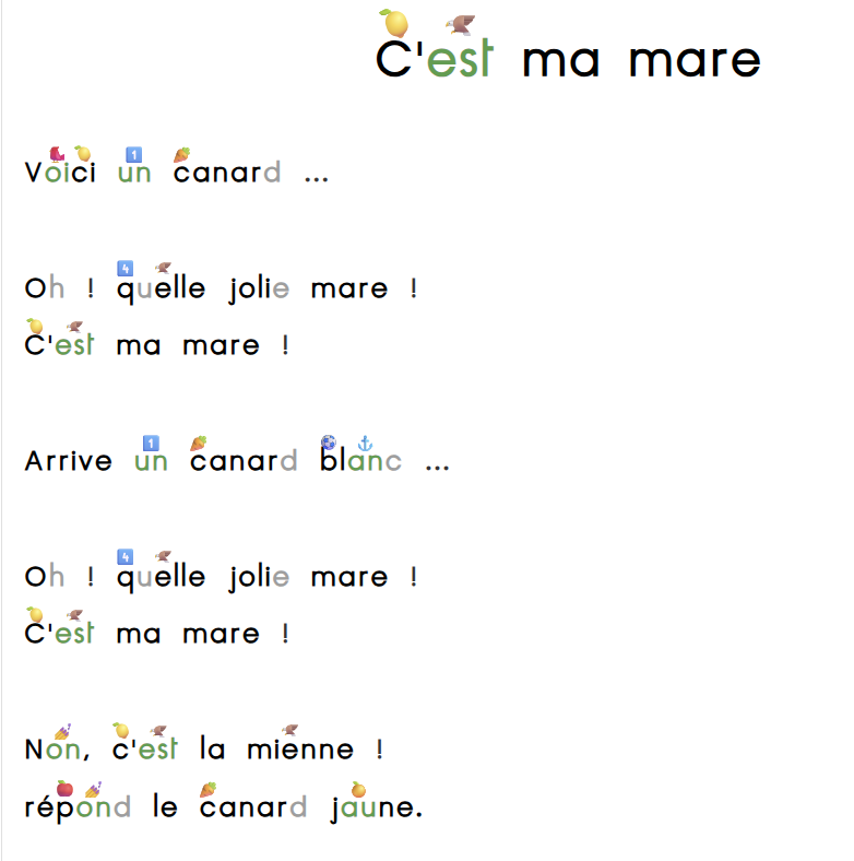 Exemple de texte avec pictogrammes au-dessus des mots et des sons